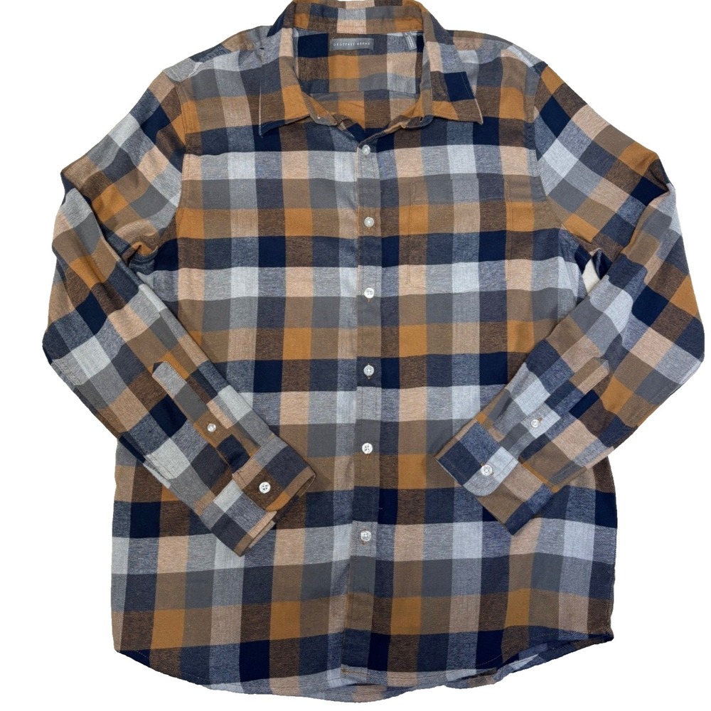 Geoffrey Beene Mens Long Sleeve Plaid Flannel Button Up Shirt Orange Blue Gray L
